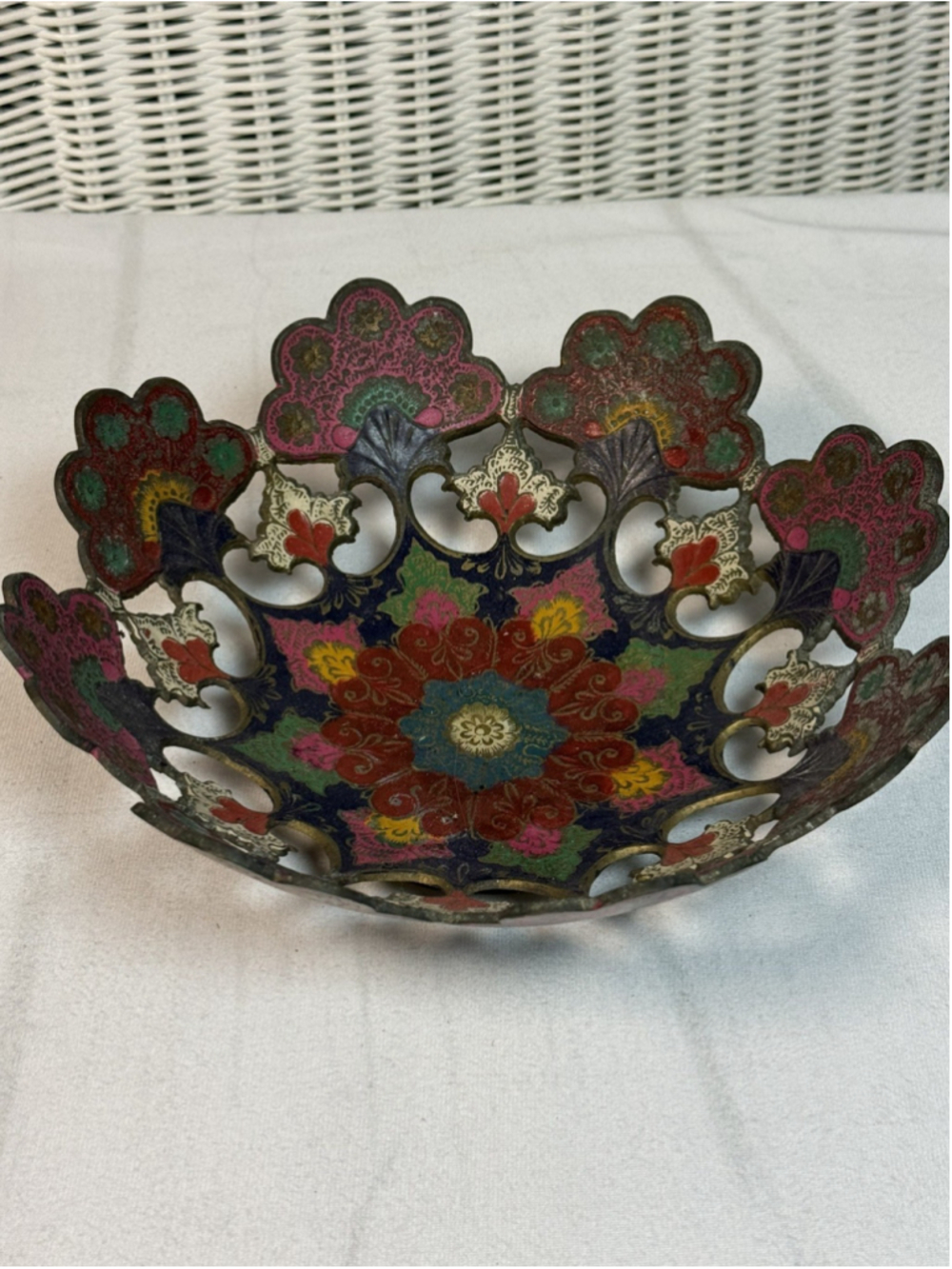 Vintage India Brass Enamel Footed Bowl Openwork Peacock Floral 9.5” Blue/Pink